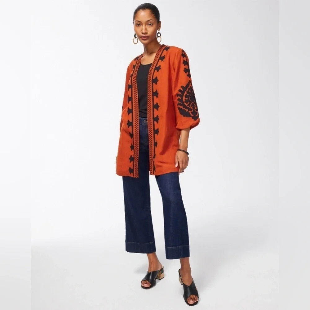 Chico’s Linen Blend Applique Jacket, Rust/Black, Size XL, GUC - Picture 3 of 9
